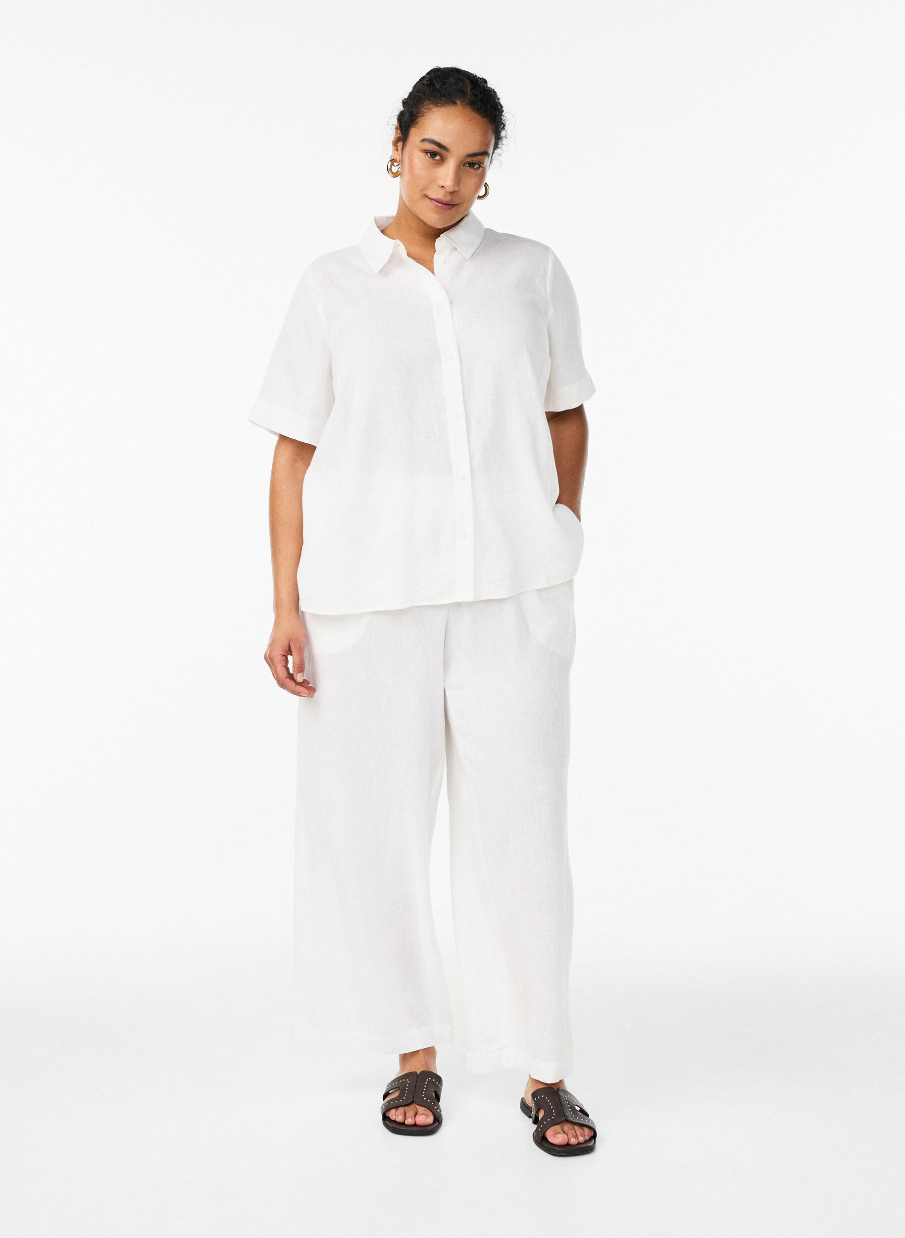 Wijde linnen en viscose broek, Wit, Model