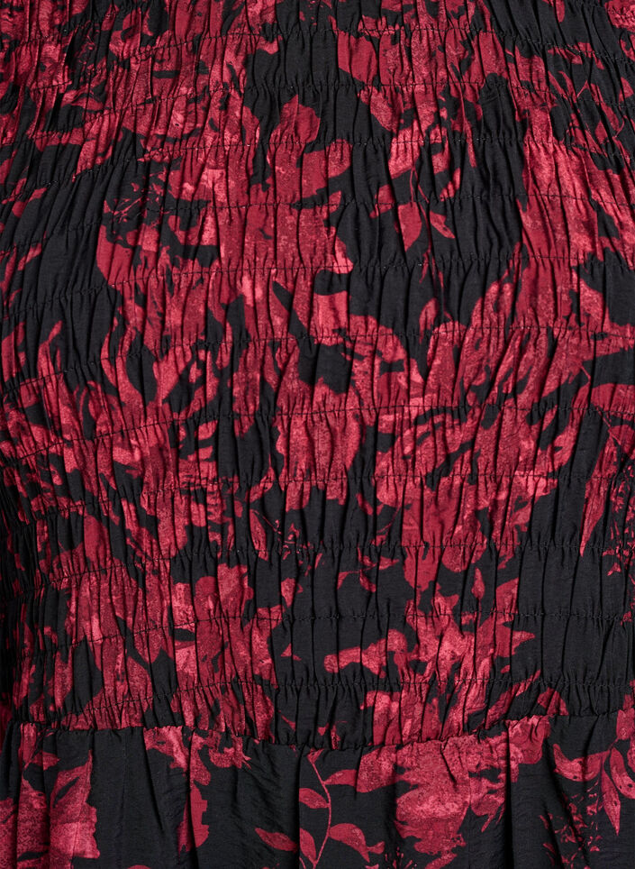 Bloemenjurk met een gesmockte top, Zwart, Packshot image number 2