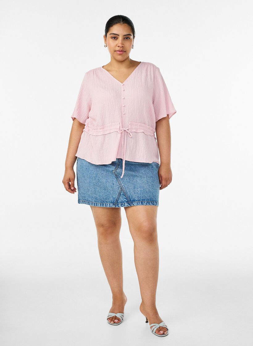 Blouse met textuur en een strik in de taille, Roze, Model image number 1