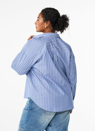 ZizziGestreept shirt met contrasterende manchetten, Blue w. White Stripe, Model image number 1