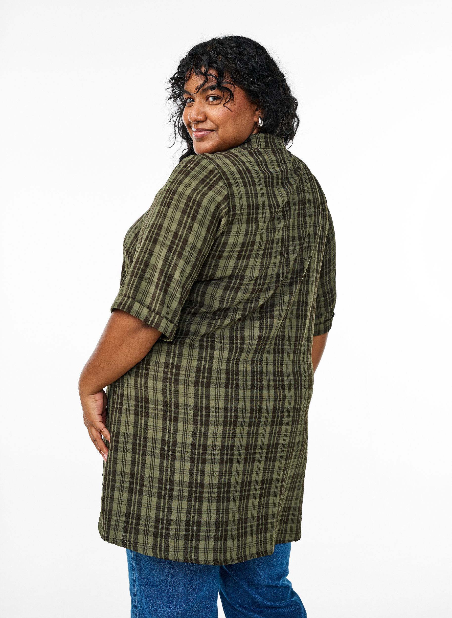 ZizziTuniek met korte mouwen en ruitpatroon, Groen, Model image number 2