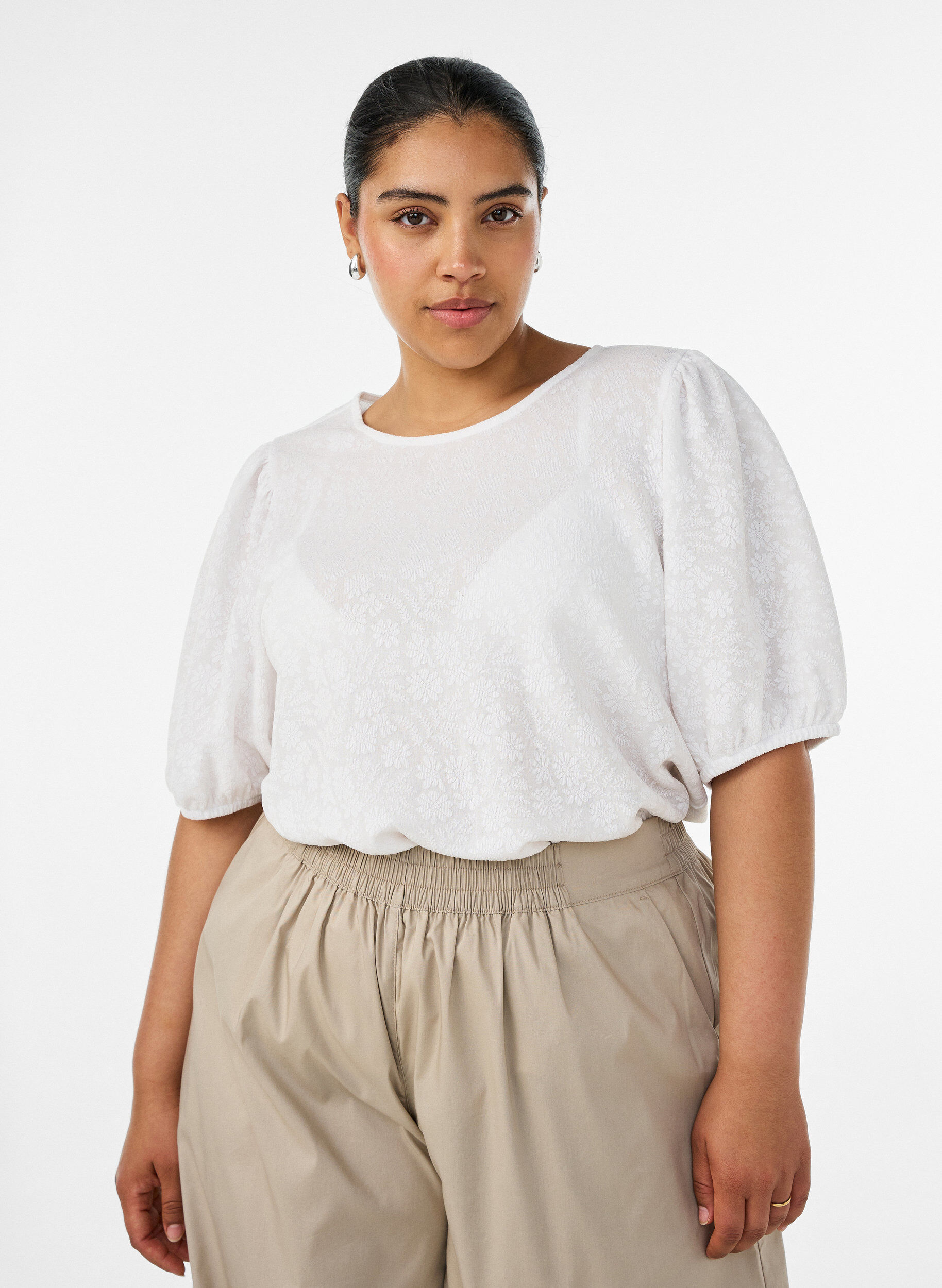 Blouse met textuur en korte mouwen, Wit, Model