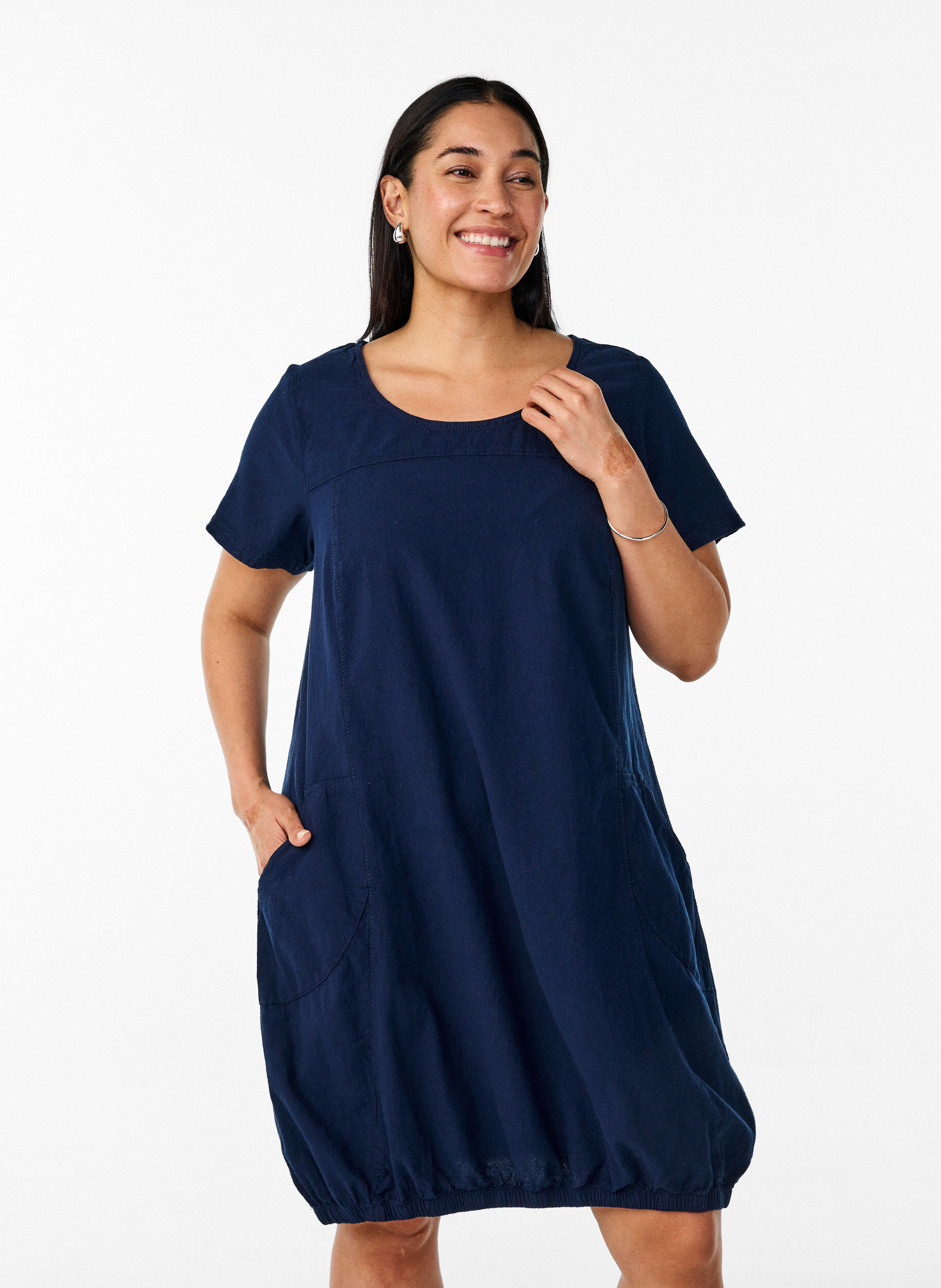 ZizziKatoenen jurk met korte mouwen, Blauw, Model image number 0