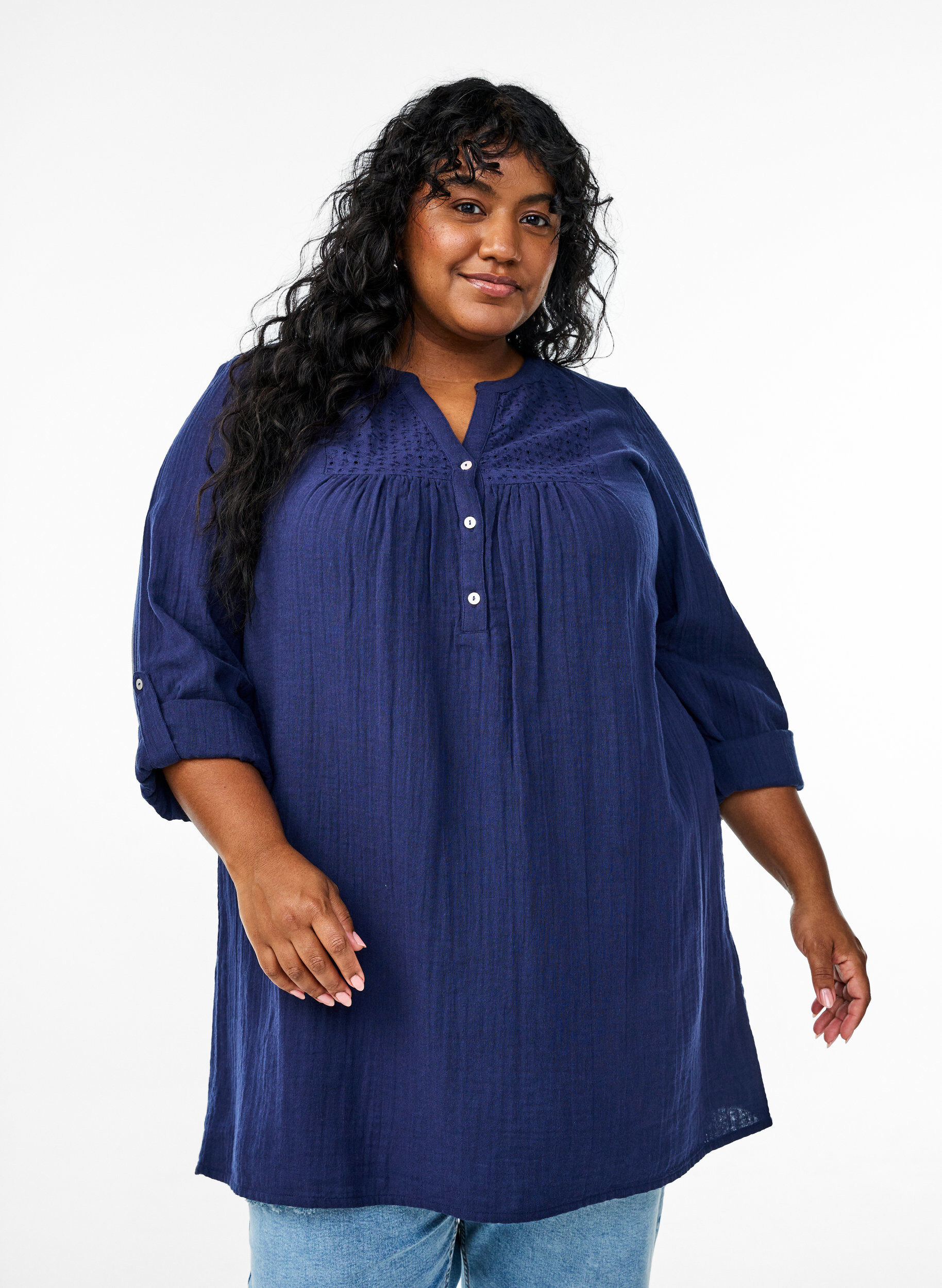 ZizziKatoenen mousseline tuniek met broderie anglaise, Blauw, Model image number 0