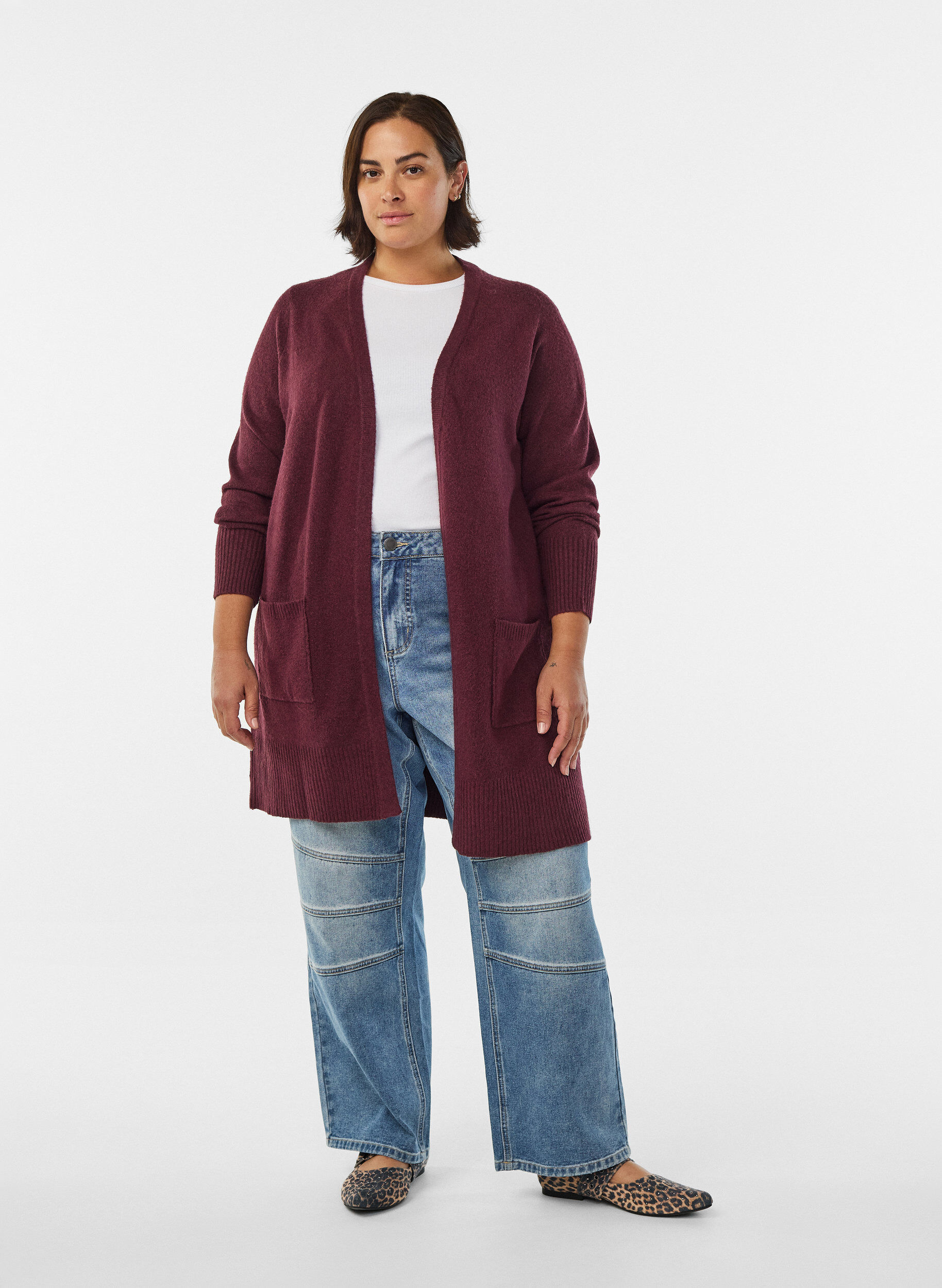 ZizziGeribd gebreid vest met zakken, Donker Bordeaux, Model image number 1