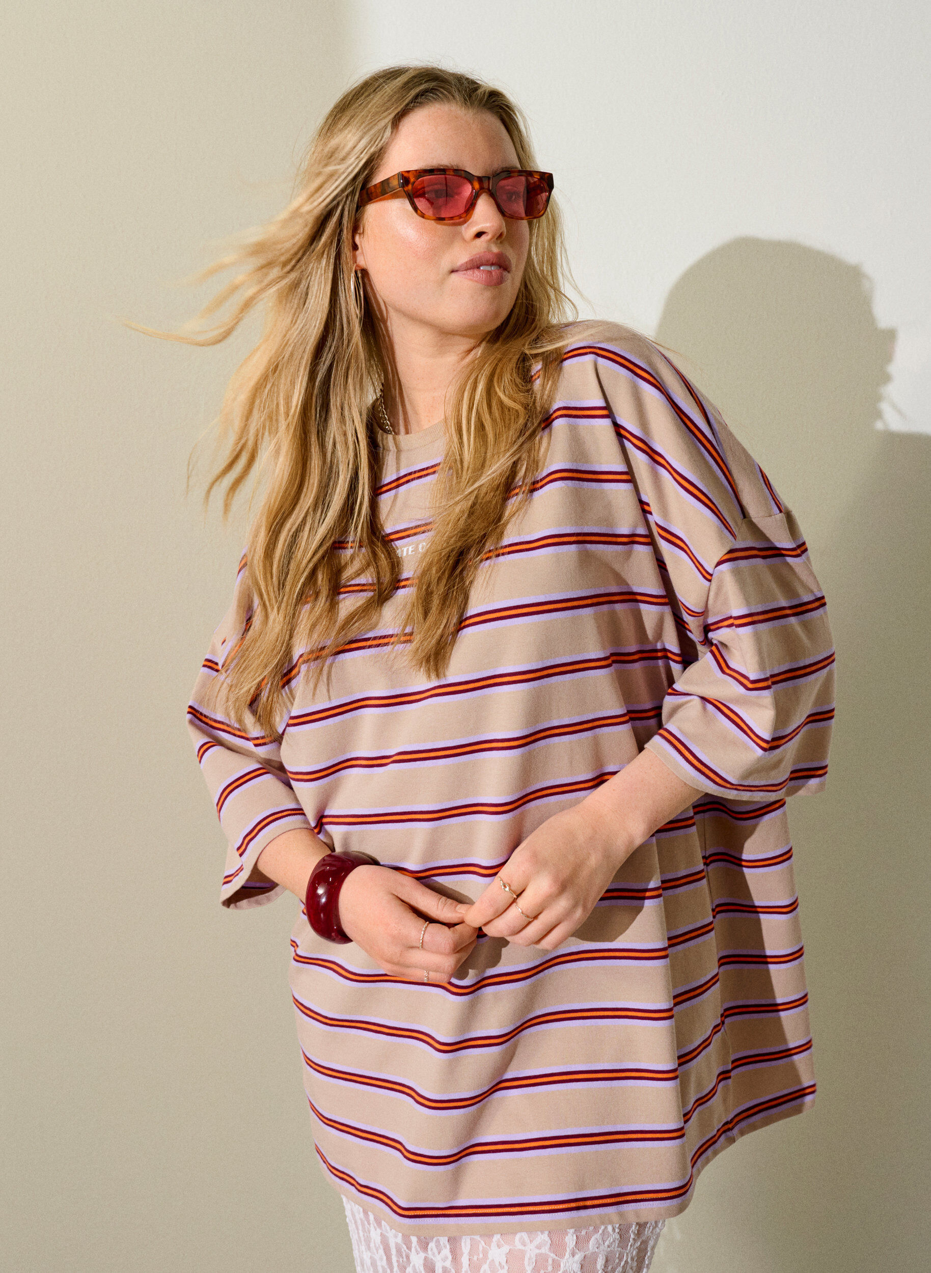 ZizziOversized T-shirt met strepen en 1/2 mouwen, Beige, Image image number 0