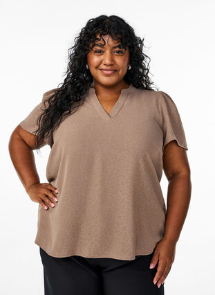ZizziBlouse met korte mouwen met ruches en V-hals, Bruin, Model image number 0