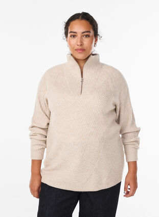 ZizziGebreide trui met een hoge col en harlekijnpatroon, Beige, Model image number 0