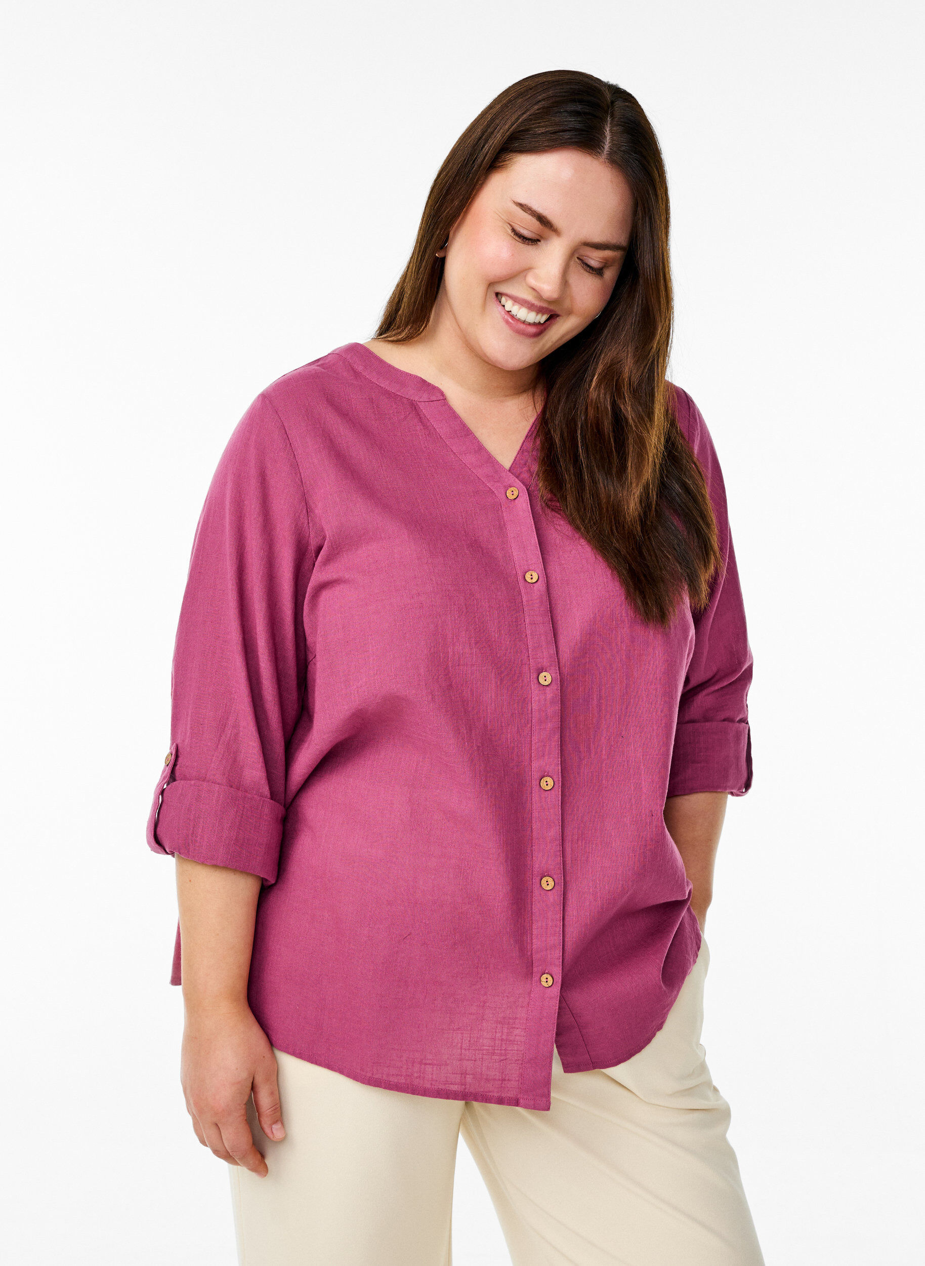 Katoenen blouse met een V-hals, Rood, Model