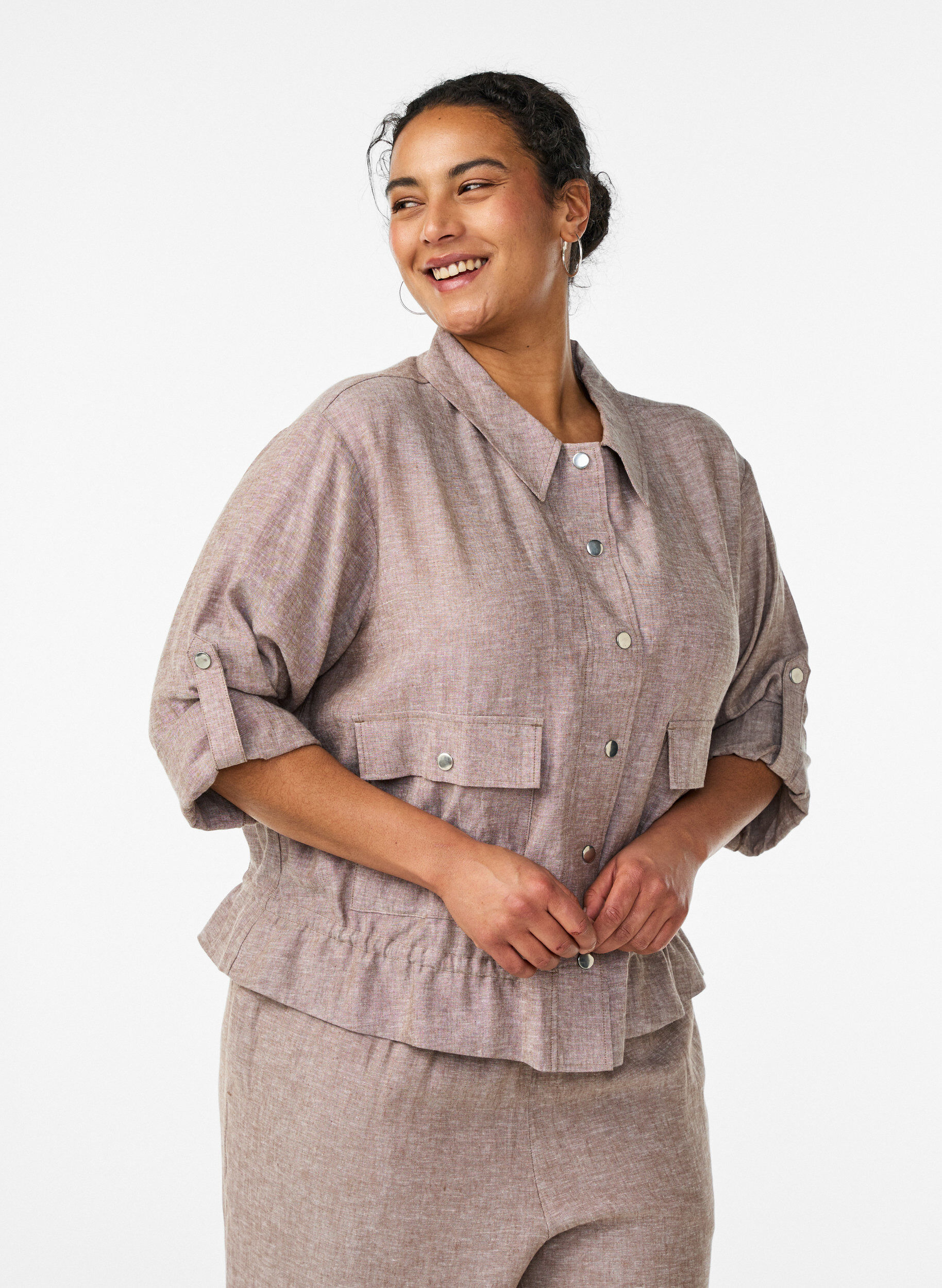 Linnen en viscose blouse met een verstelbare taille, Bruin, Model