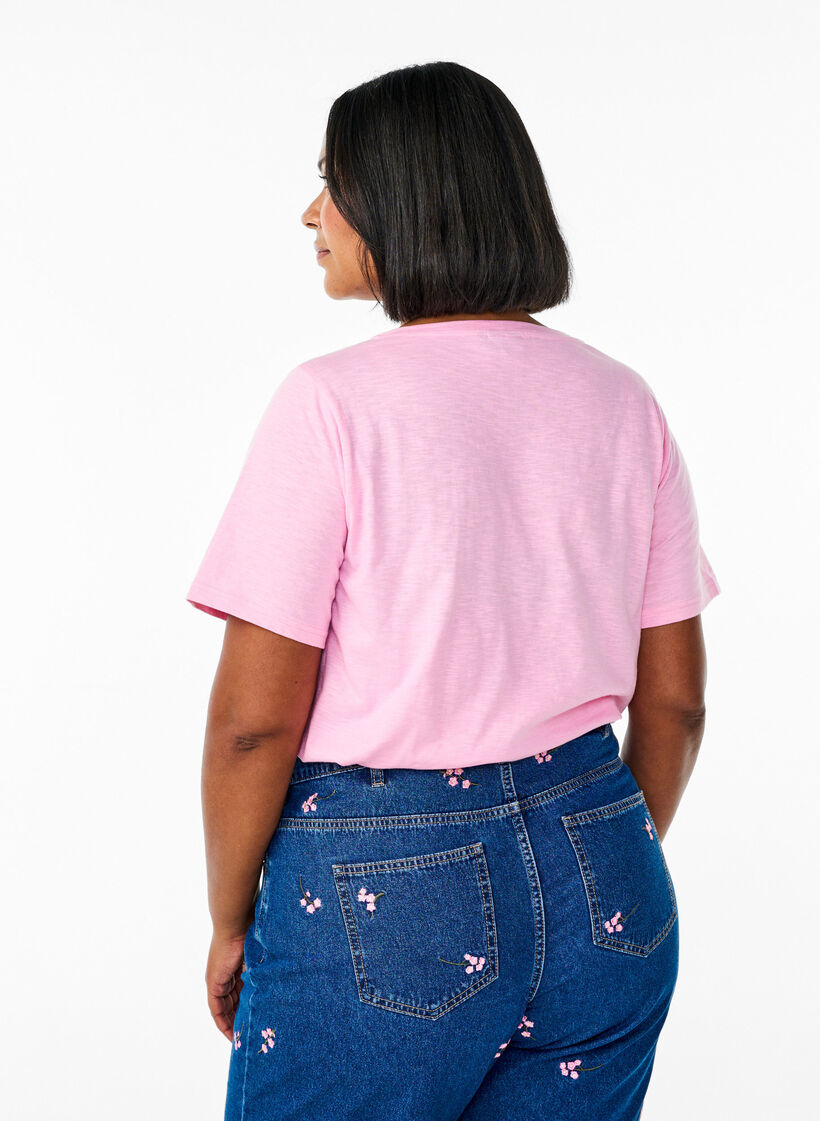 Basic t-shirt met korte mouwen en V-hals, Begonia Pink, Model