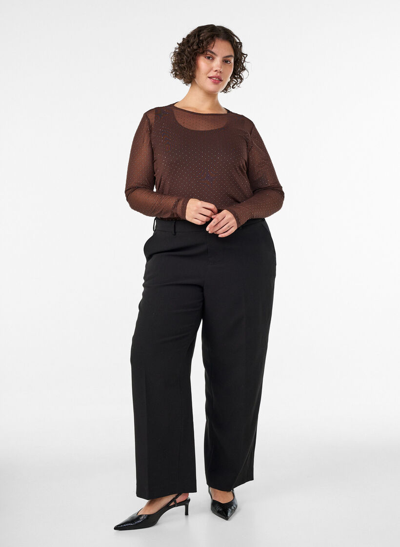 Transparante mesh blouse met strassteentjes, Bruin, Model image number 1
