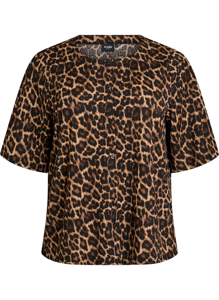 Blouse met korte mouwen, structuur en knoopsluiting, Zwart, Packshot image number 0