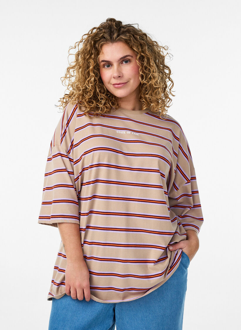 Oversized T-shirt met strepen en 1/2 mouwen, Beige, Model image number 0