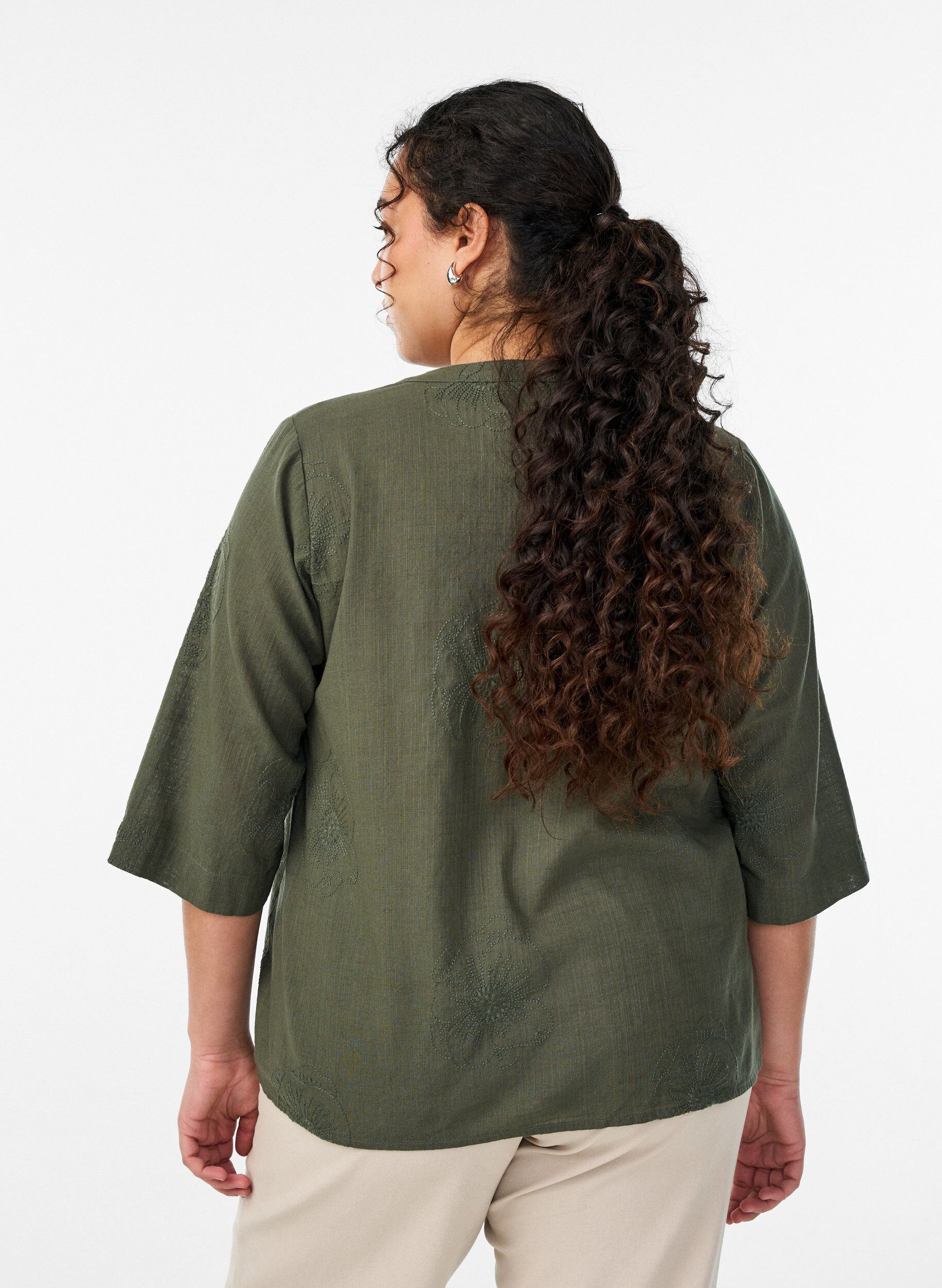 ZizziKatoenen blouse met geborduurde details en 3/4 mouwen, Groen, Model image number 2