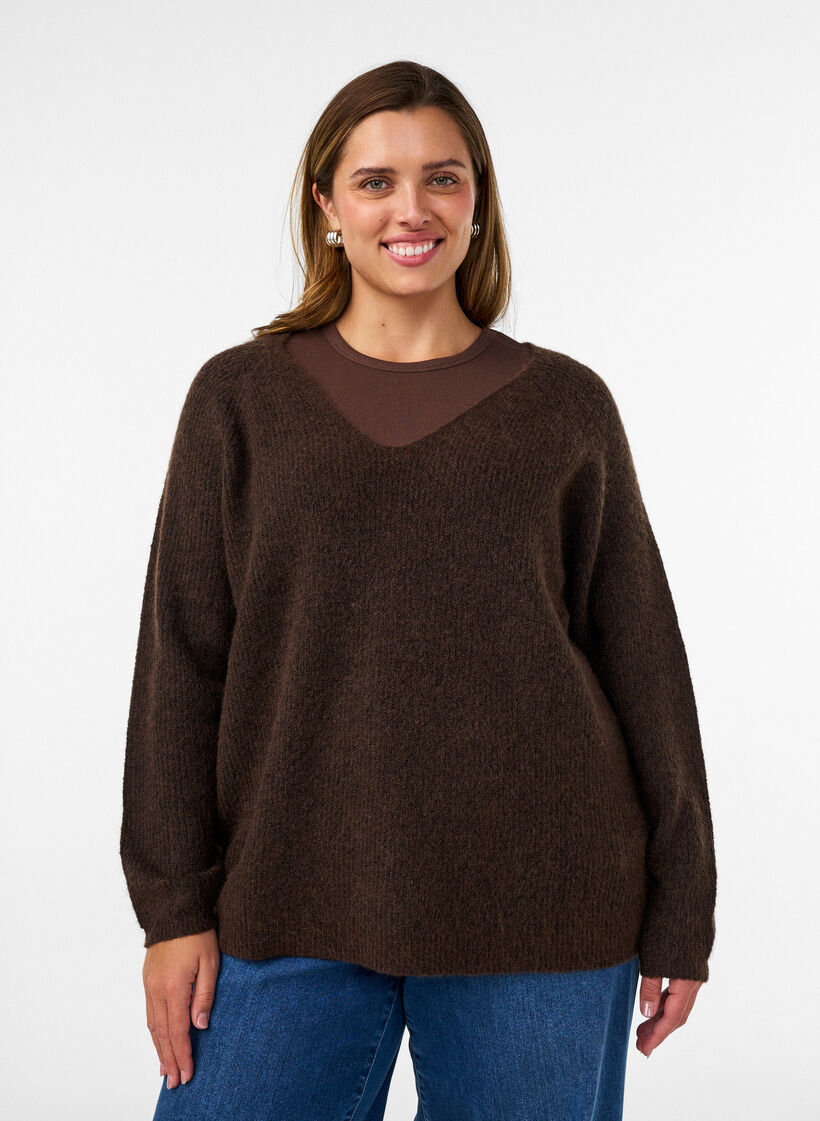 Gebreide blouse met V-hals en raglanmouwen, Bruin, Model image number 0