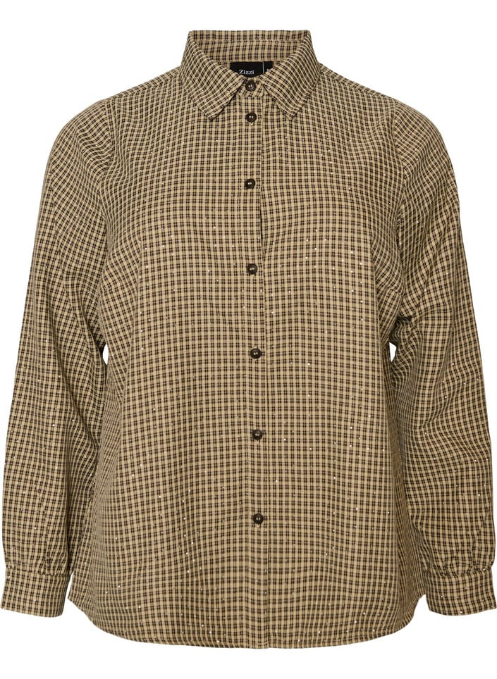 Shirt met klein ruitpatroon en strasstenen, Bruin, Packshot image number 0