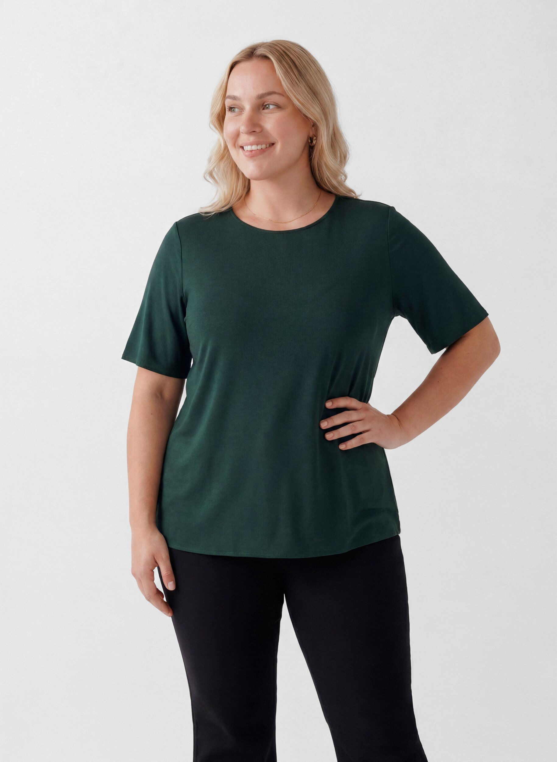 Geweven blouse met korte mouwen en ronde hals, Groen, Model