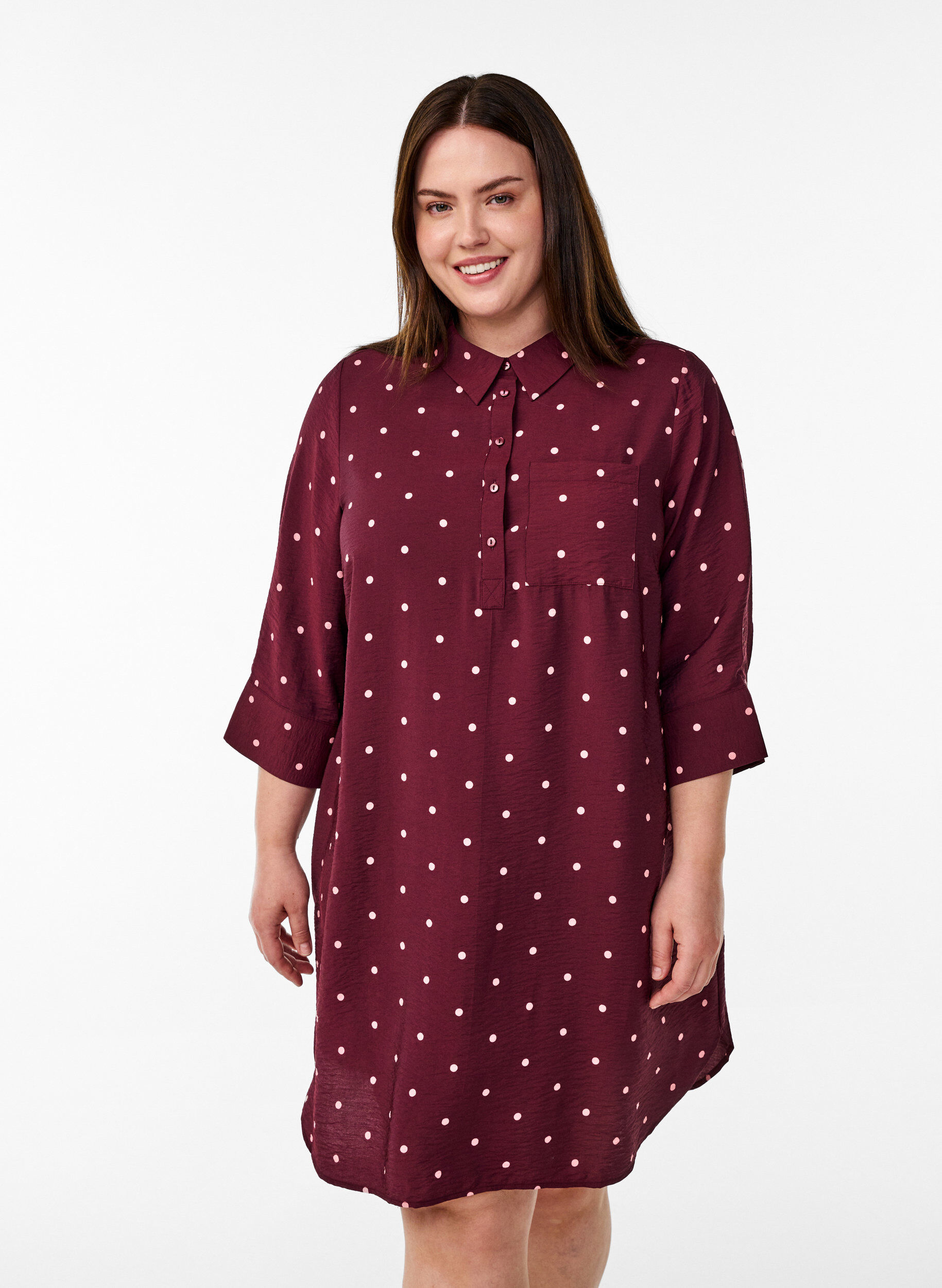 Korte jurk met kraag en borstzak, Rood, Model