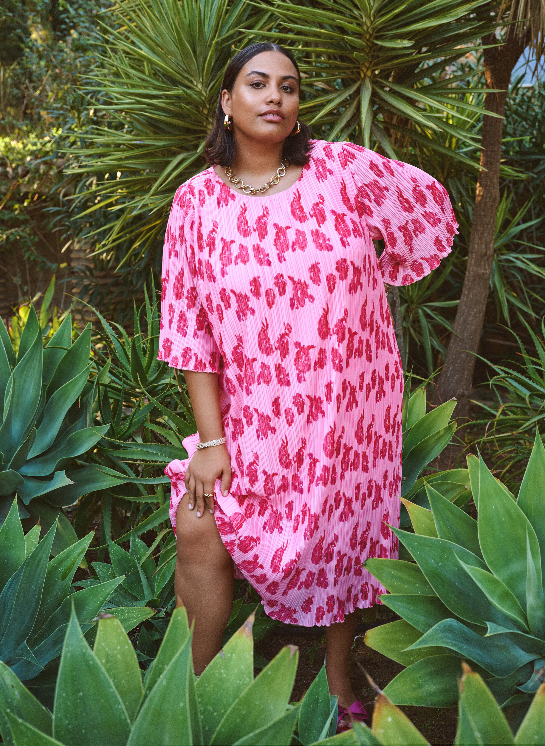 ZizziGeplooide jurk met 3/4 mouwen, Roze, Image image number 0