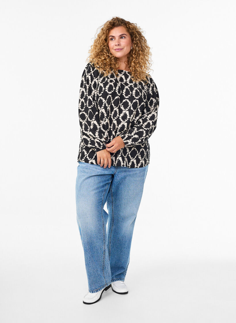 Blouse met lange mouwen, print en strikjes, Black ART AOP, Model
