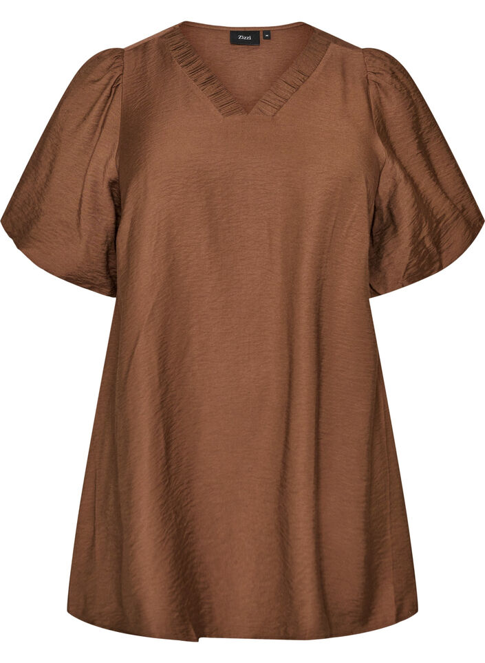 Tunic met ballonnenmouwen en een V-hals, Bruin, Packshot image number 0