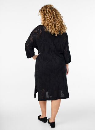 ZizziGebreide jurk met opengewerkt patroon en 3/4 mouwen, Black, Model image number 1