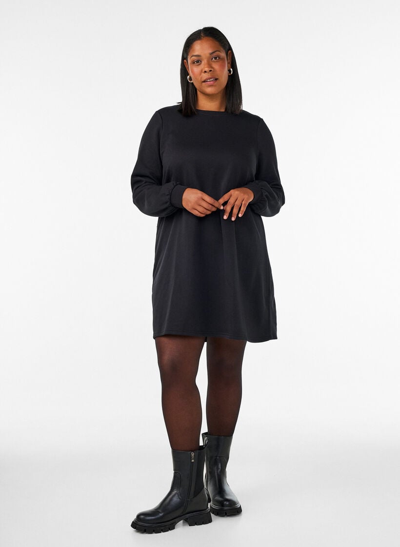 Korte sweaterjurk met ballonmouwen, Zwart, Model image number 1