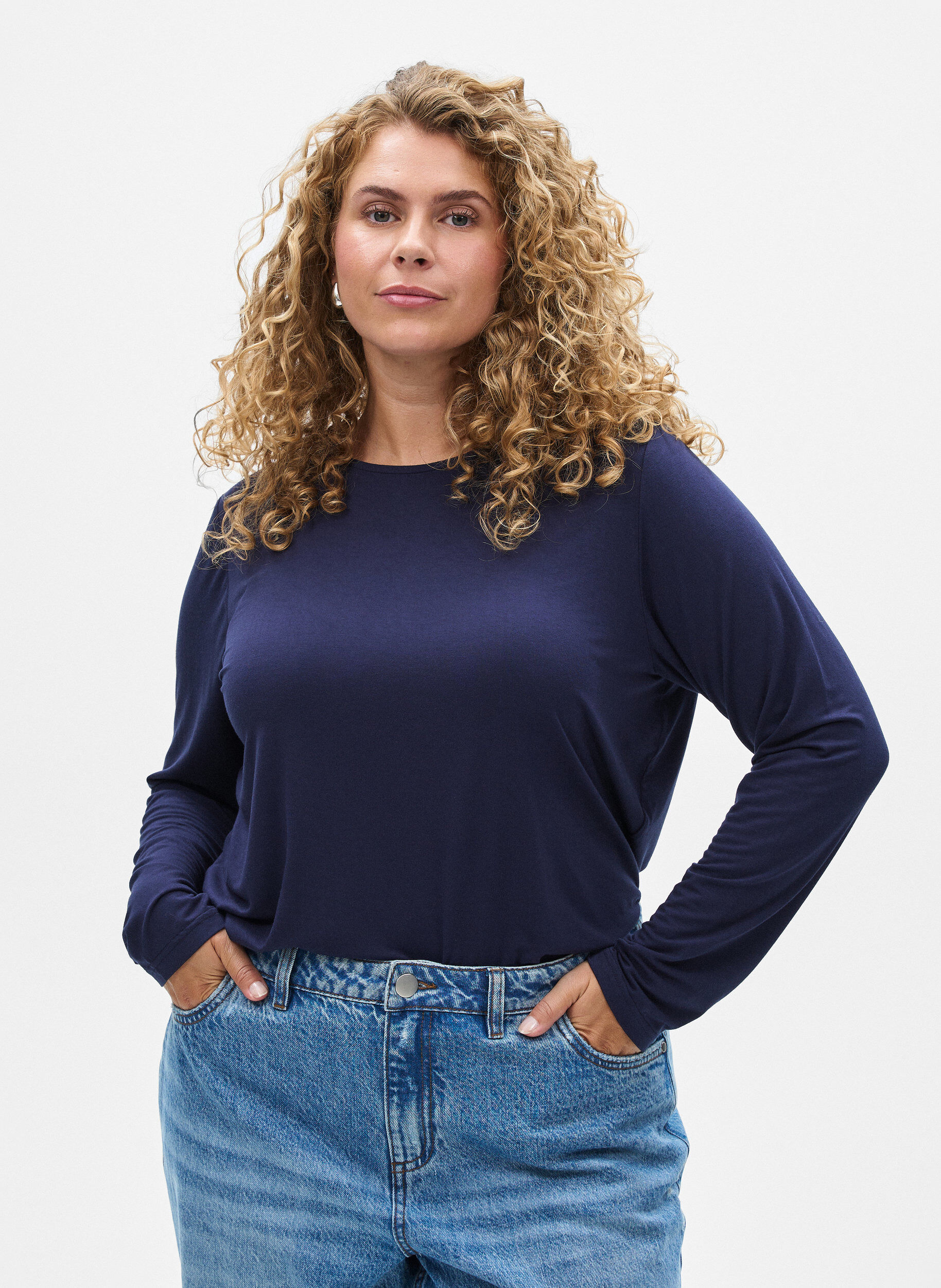 Blouse met lange mouwen in een effen kleur, Blauw, Model