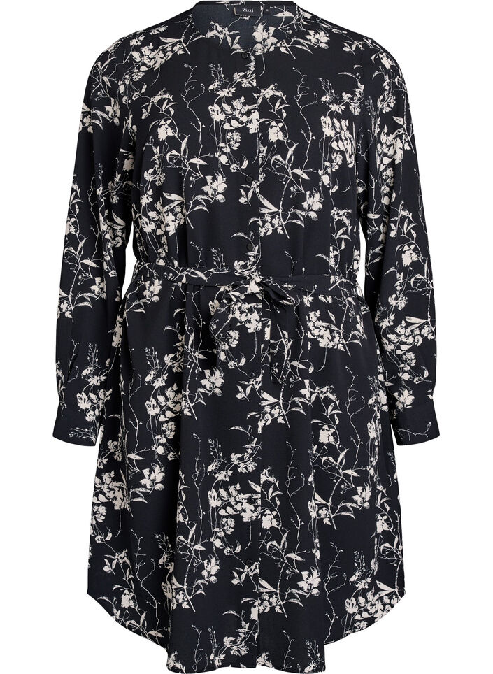 Langärmelige overhemdjurk met strikceintuur, Zwart, Packshot image number 0