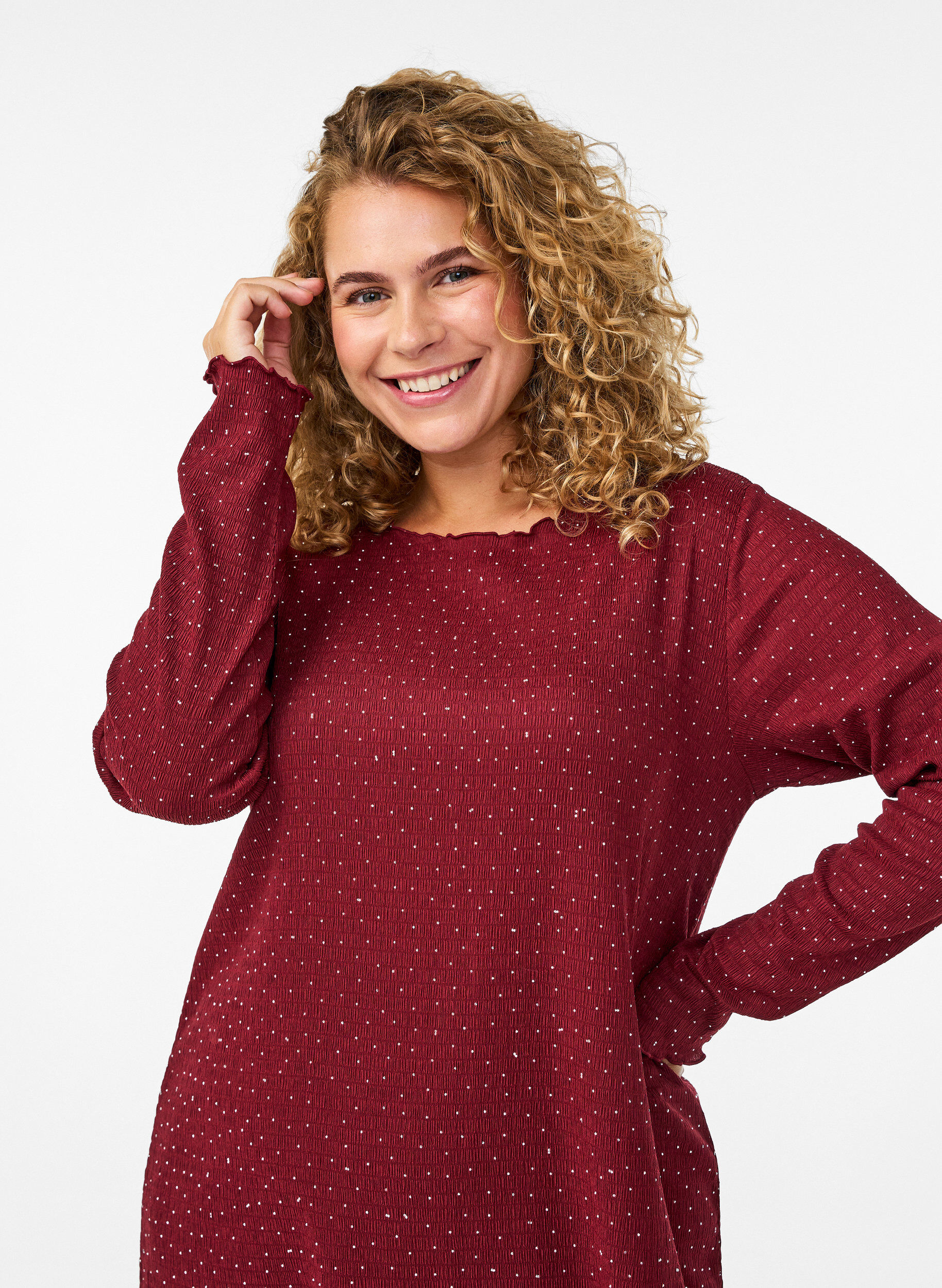 ZizziJurk met strassteentjes en geschulpte randen, Donker Bordeaux, Model image number 3