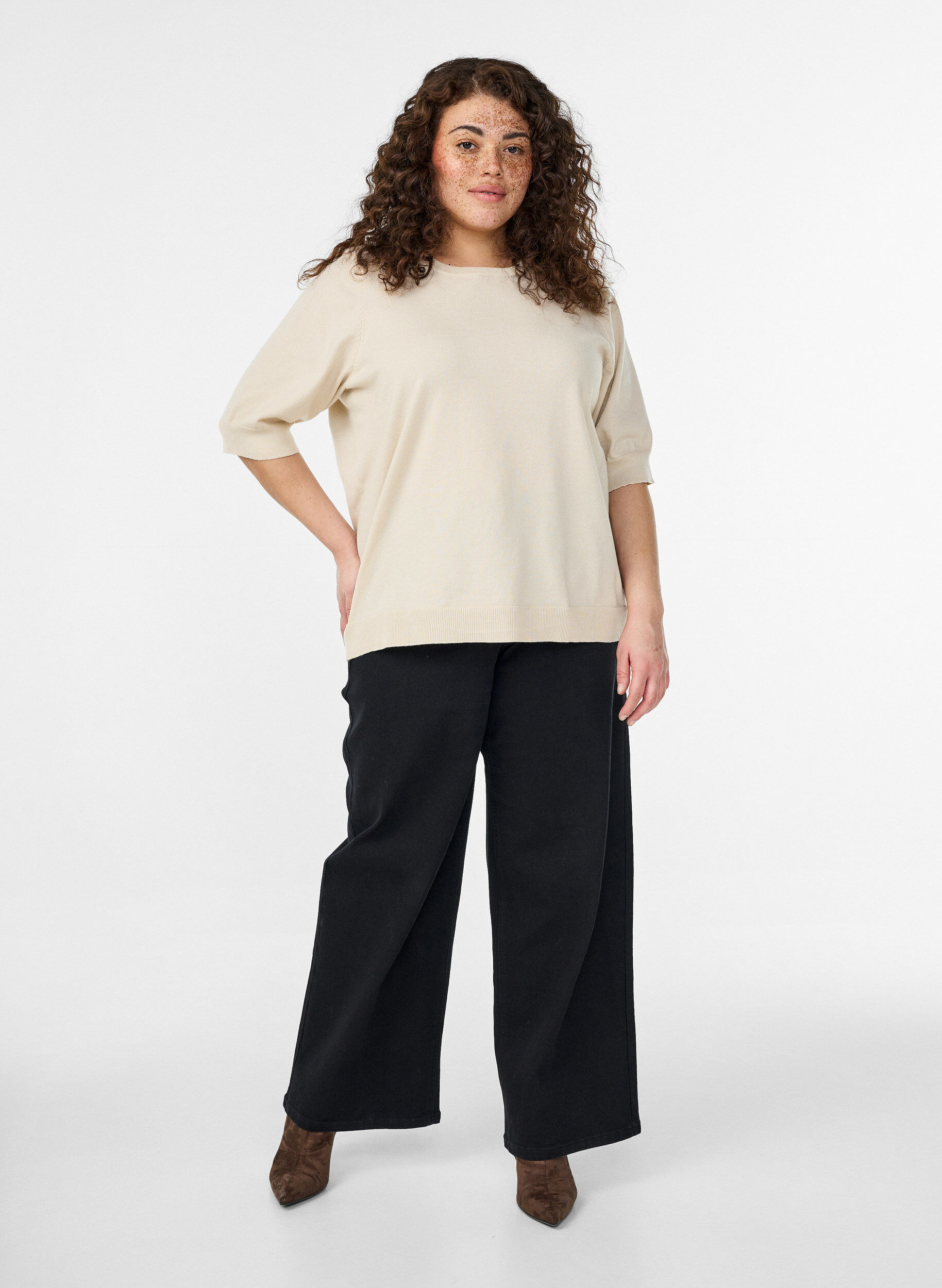 ZizziFijngebreide blouse met korte mouwen, Beige, Model image number 1