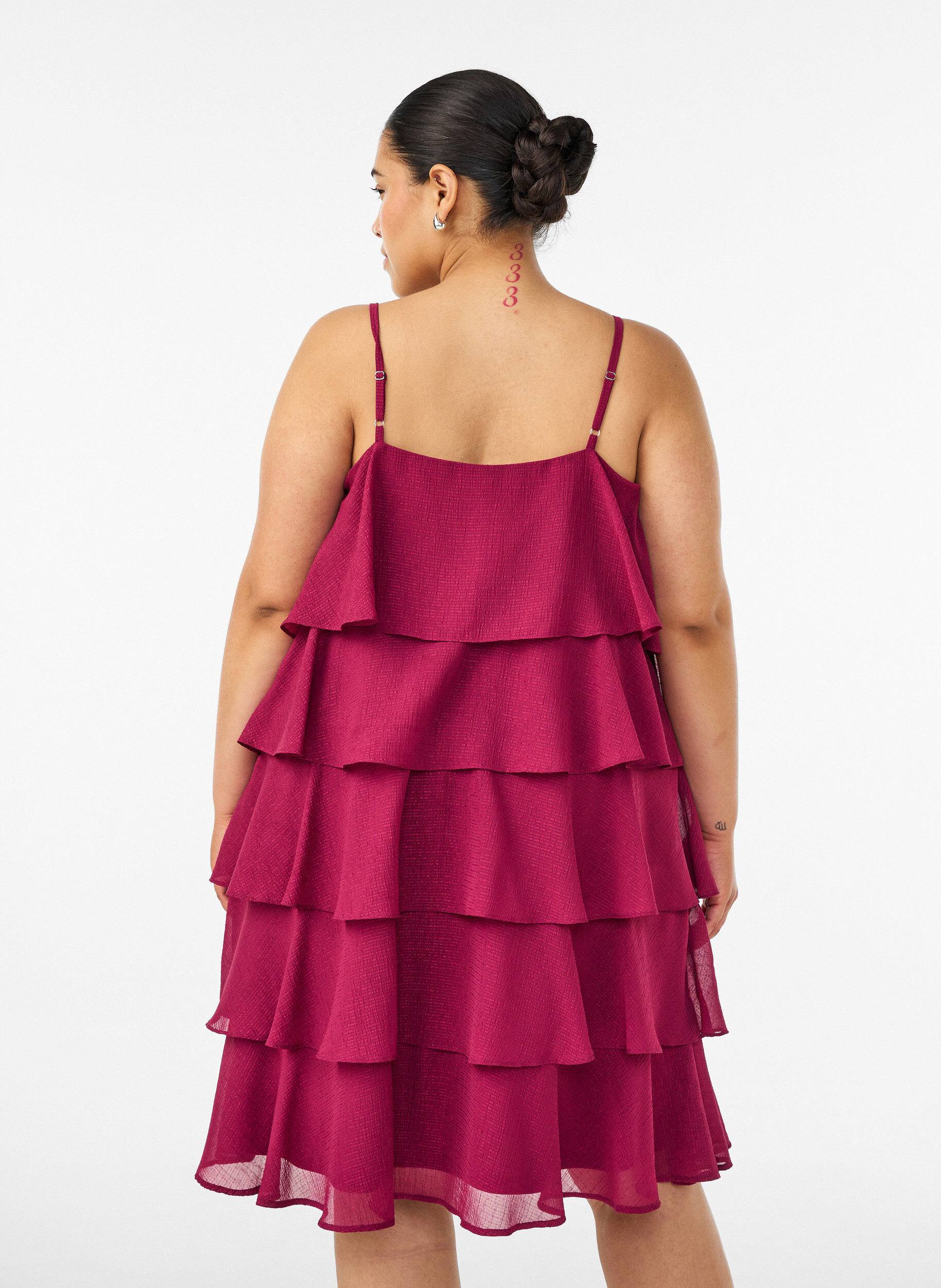 ZizziGelaagde jurk met ruches en spaghettibandjes, Rood, Model image number 2