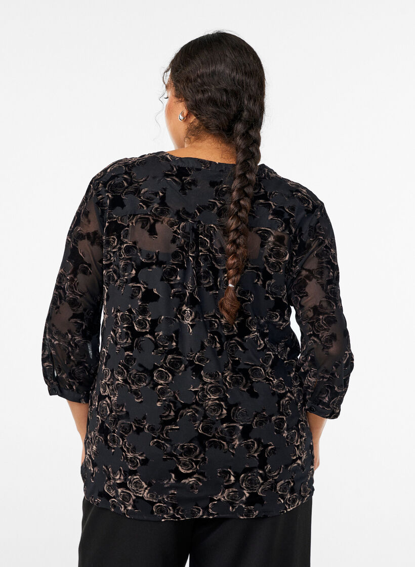 Mesh blouse met 3/4 mouwen en velourrozen, Zwart, Model image number 2