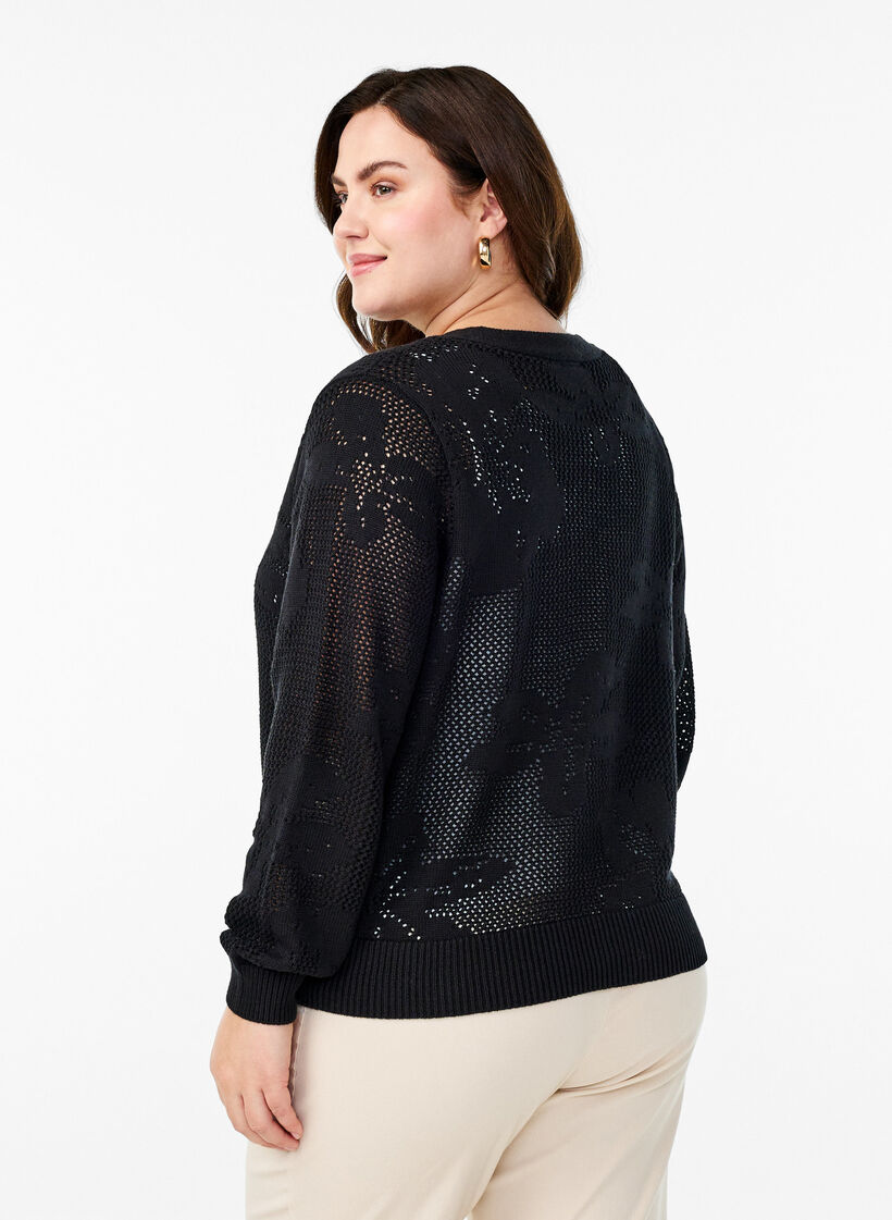 Gebreide cardigan met opengewerkt patroon en strikkoordjes, Black, Model image number 1
