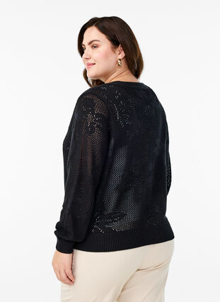 ZizziGebreide cardigan met opengewerkt patroon en strikkoordjes, Black, Model image number 1