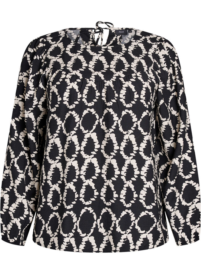 Blouse met lange mouwen, print en strikjes, Black ART AOP, Packshot