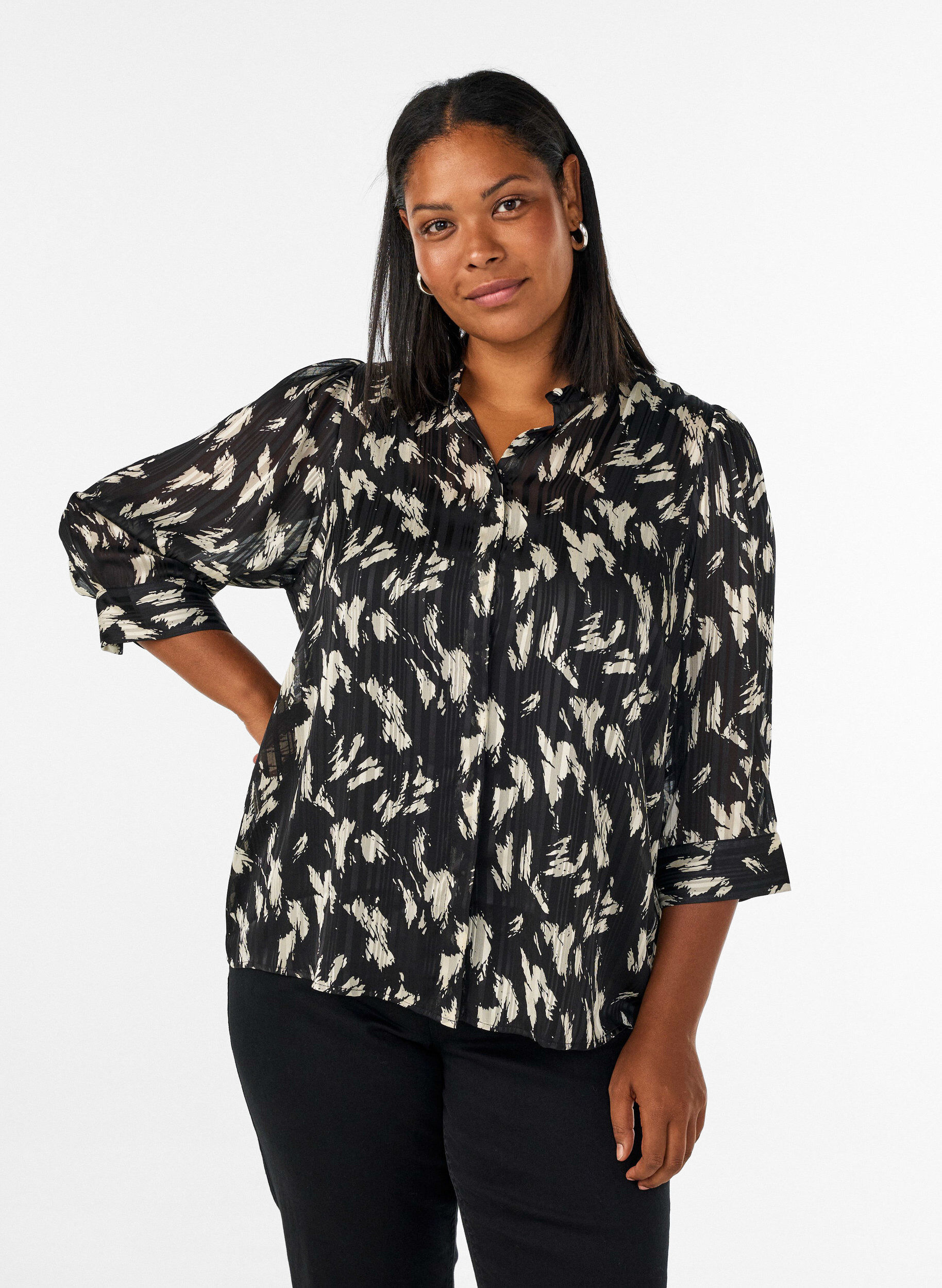 Blouse met patroon, opstaande kraag en 3/4-mouwen, Zwart, Model