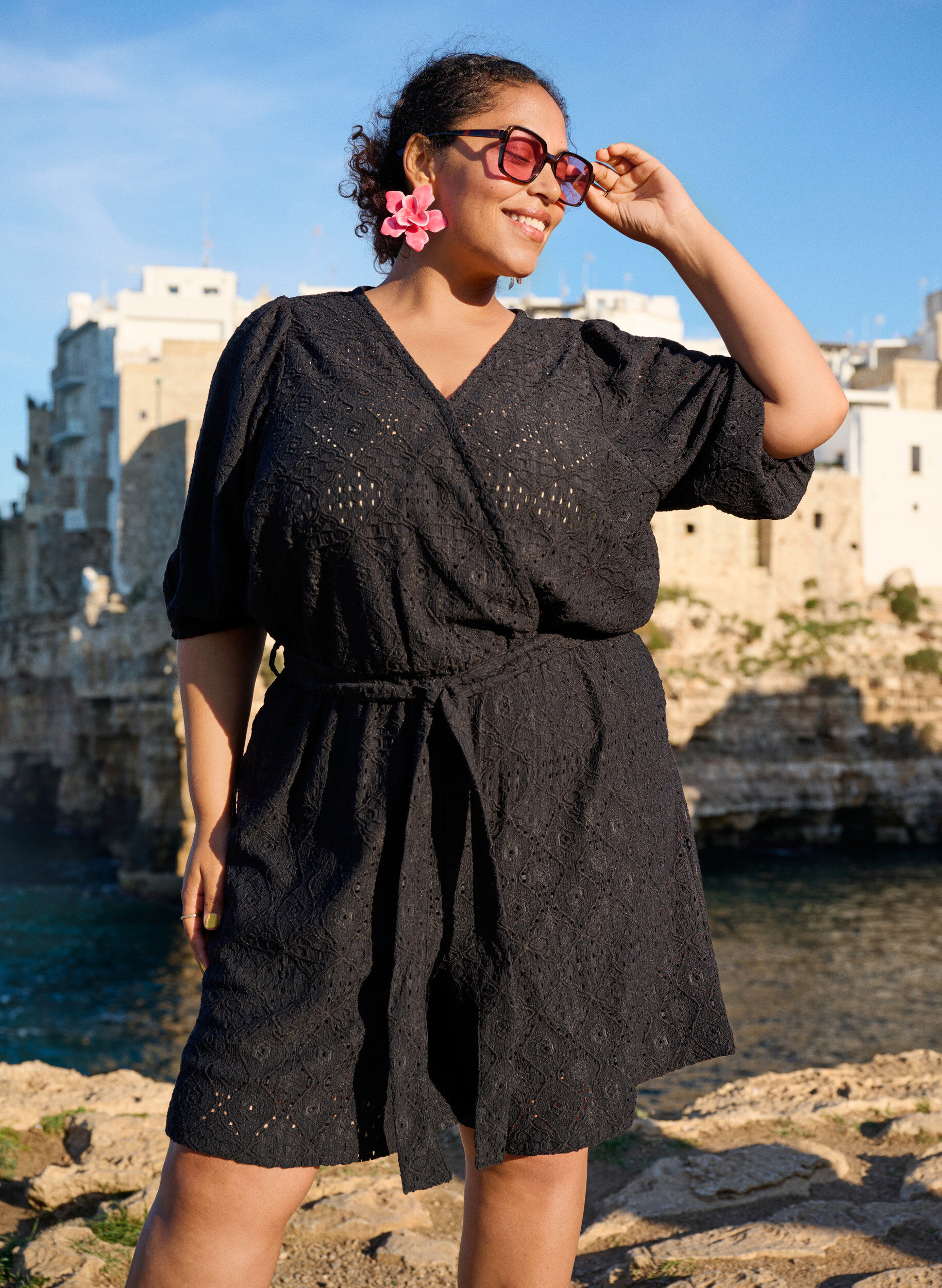 ZizziPlaysuit met korte mouwen en strik, Black, Image image number 0