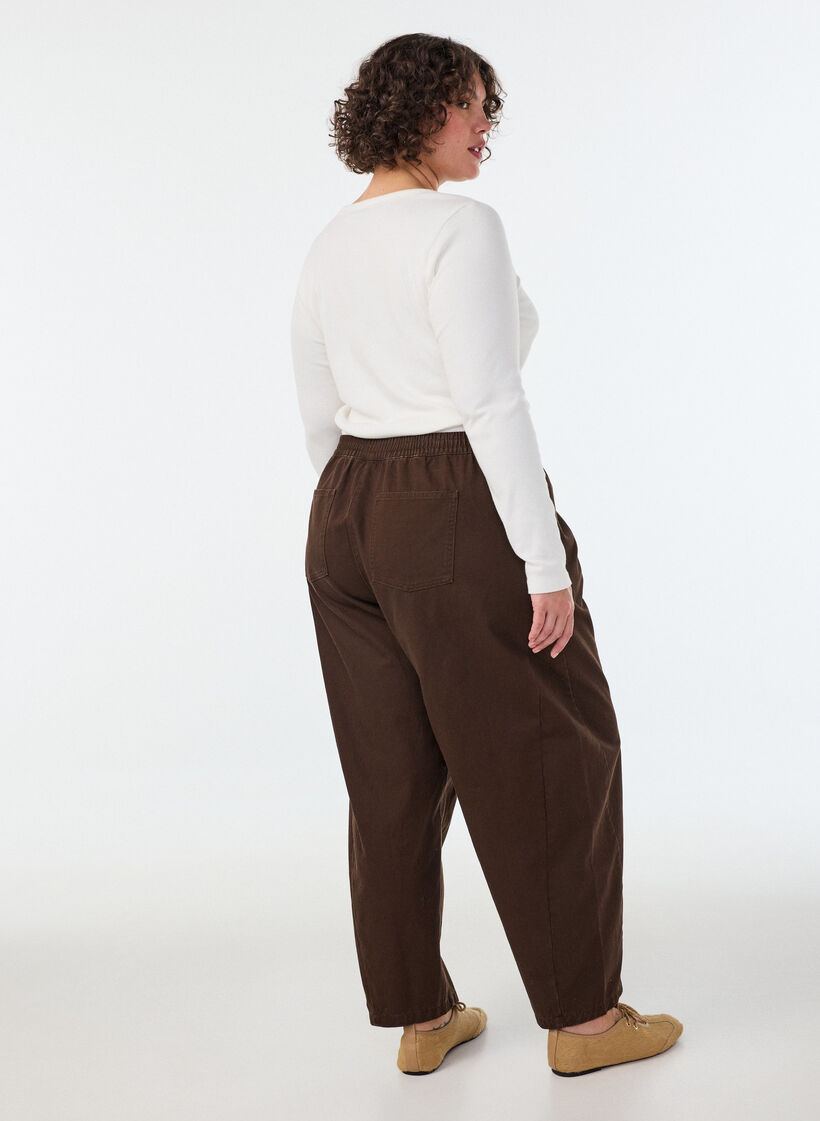 Barrel jeans met hoge taille en elastische tailleband, Bruin, Model image number 1