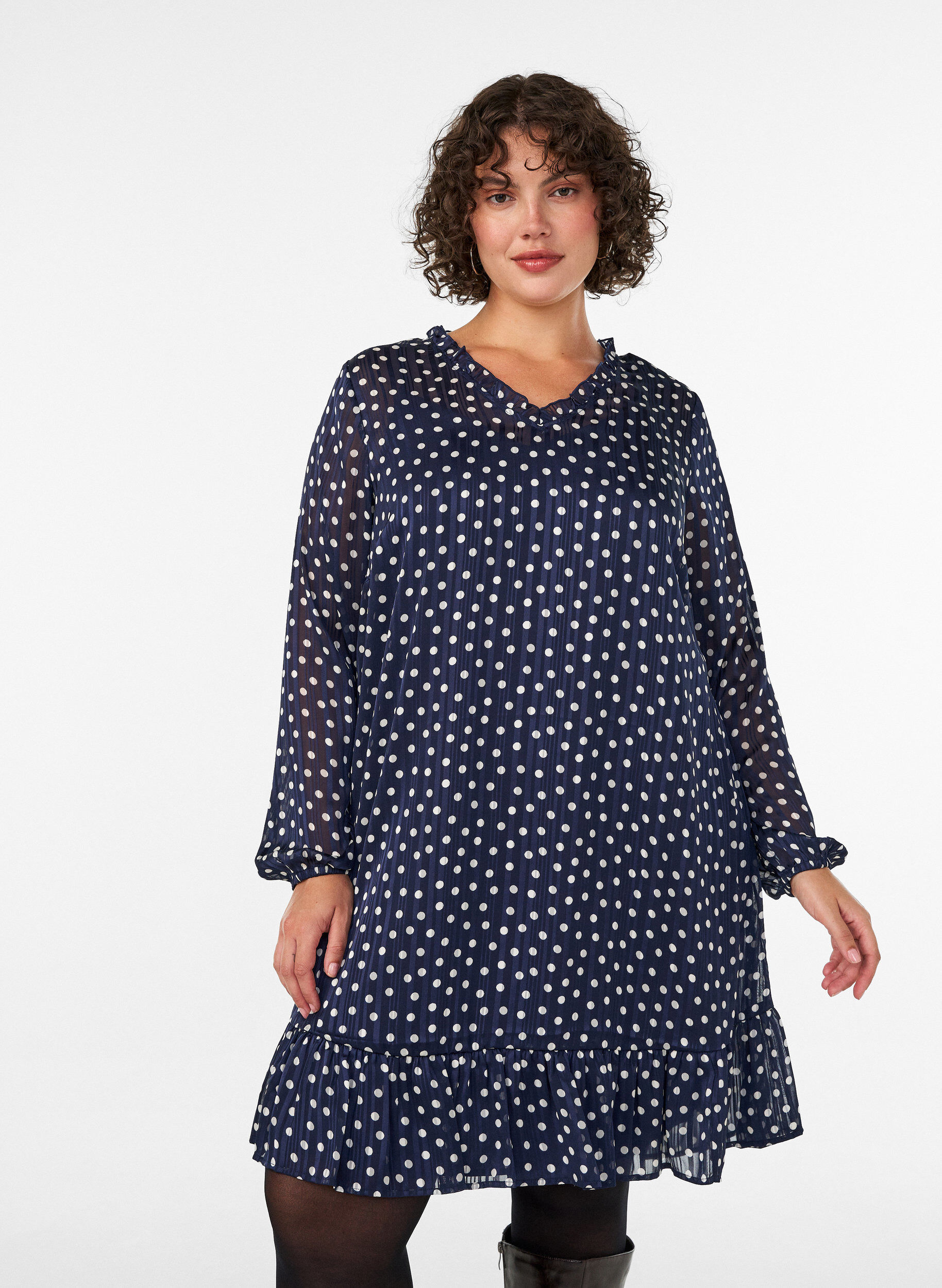 Jurk met patroon, ruches en lange mouwen, Blauw, Model
