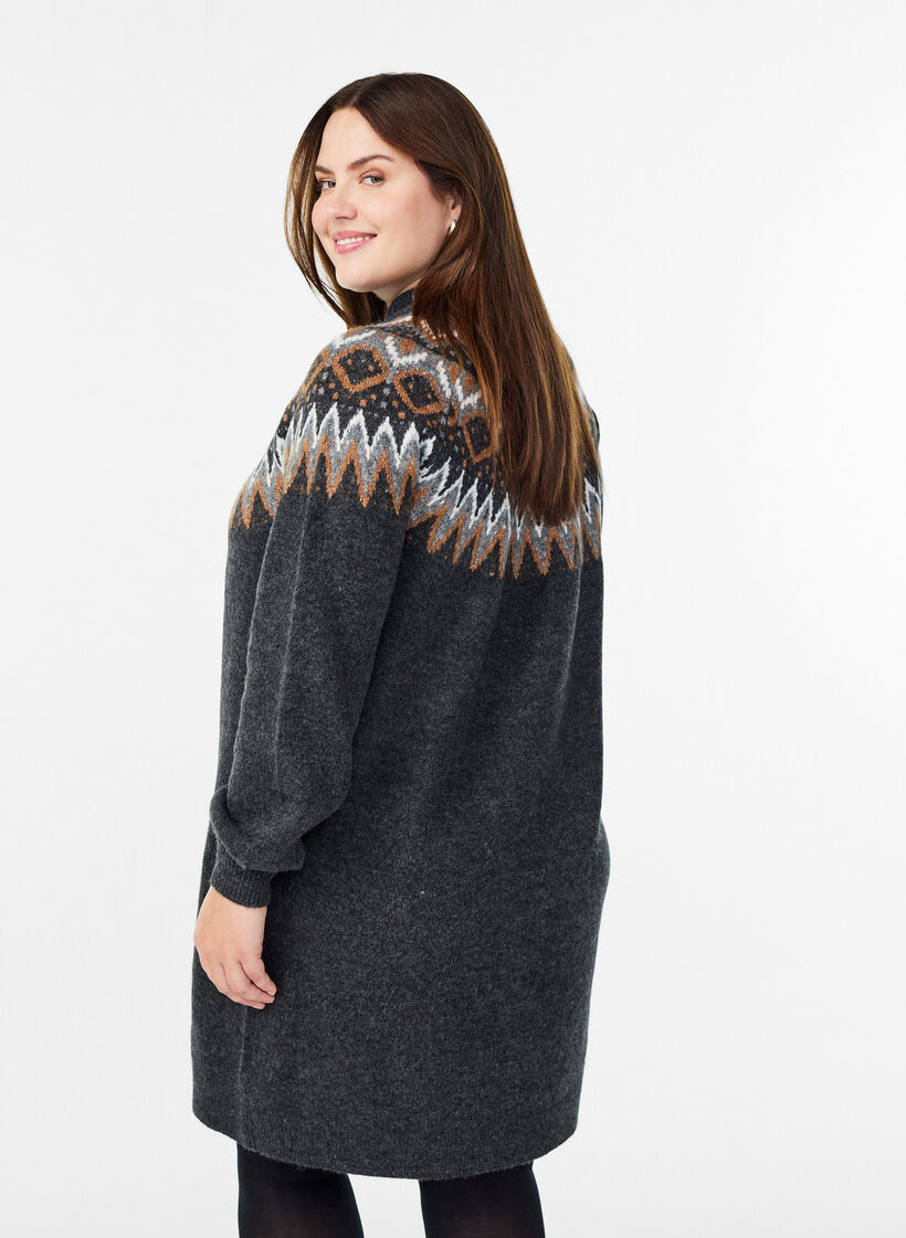 Gebreide jurk met jacquardpatroon en ballonnenmouwen, Grijs, Model image number 2