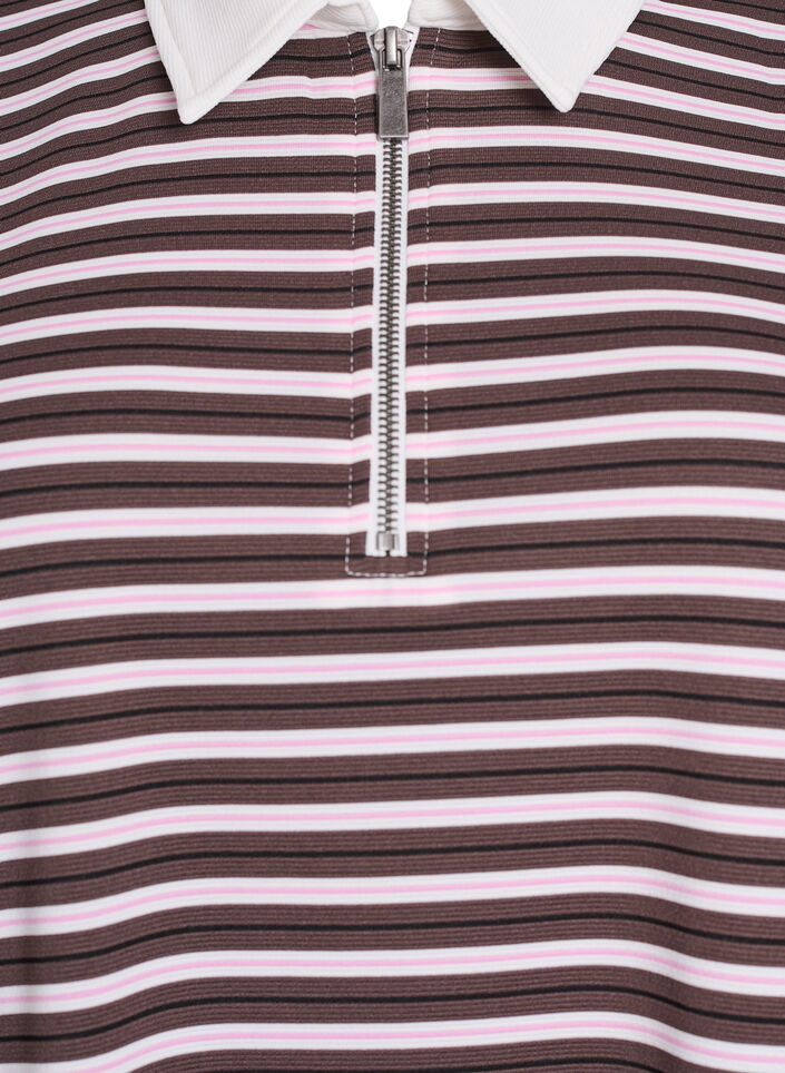 Gestreept poloshirt met korte mouwen en rits, Bruin, Packshot image number 2