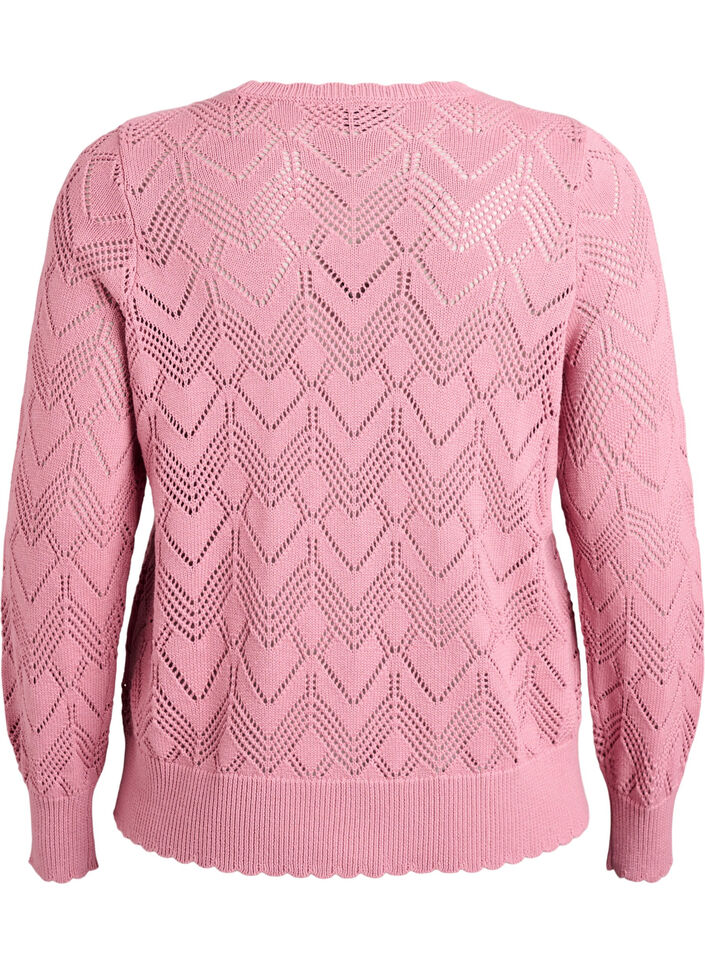 Gebreide blouse met patroon, golvende rand en ronde hals, Roze, Packshot image number 1