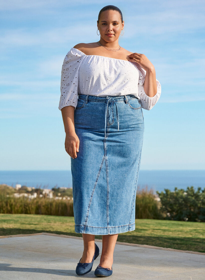 Denim maxirok met strikceintuur, Blue Denim, Image