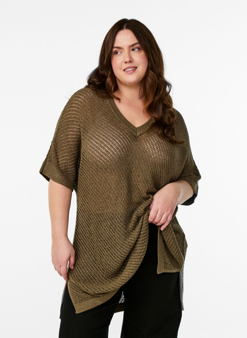FLASH - Gebreide blouse met korte mouwen en V-hals, Groen, Model image number 0