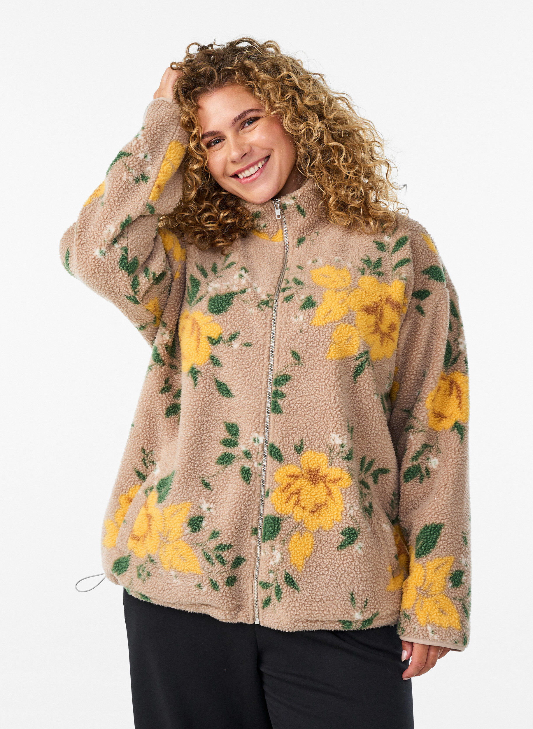 Floral fleecejack met een hoogsluitende kraag en ritssluiting, Beige, Model