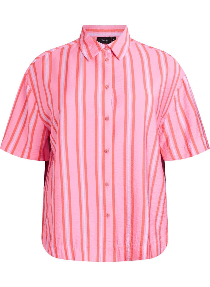 Gestreepte viscose shirt met korte mouwen, Roze, Packshot