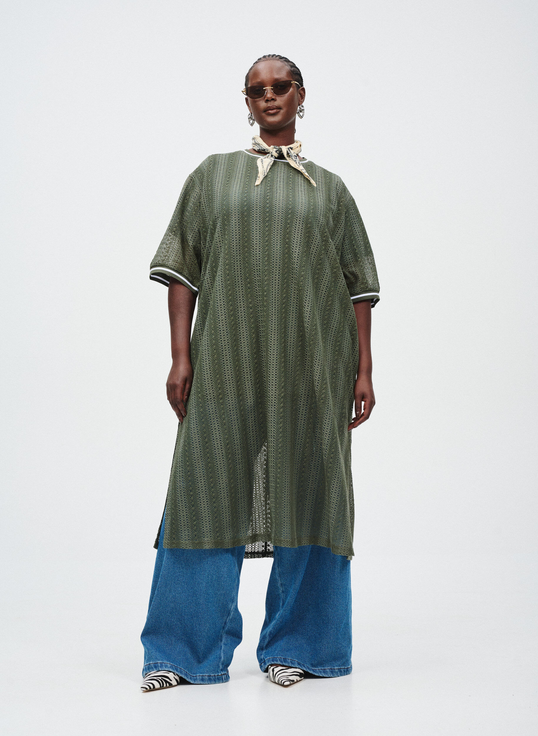 ZizziMidi-jurk met een opengewerkt patroon en korte mouwen, Groen, Image image number 0