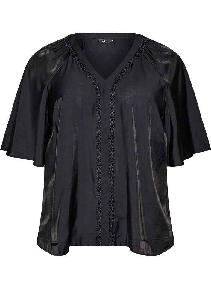 Viscose blouse met V-hals en decoratieve details, Zwart, Packshot image number 0